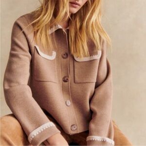 Sezane Tan Sweater with White Accents